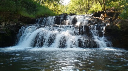 Fototapeta premium Serene Waterfall Cascading Through Lush Forest