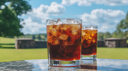 Two Refreshing Cold Drinks with Ice Cubes on a Sunny Day in a Relaxing Outdoor Setting