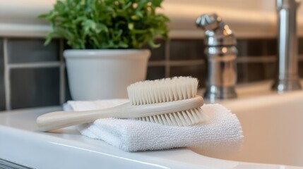 A soft-bristled scrub brush on a folded dish towel near a sink.