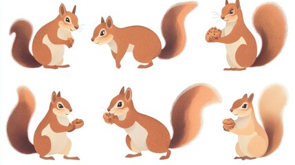 Obraz premium 83.A playful set of woodland squirrel illustrations featuring dynamic and static poses, including standing alert, nibbling food, and running, perfect for storytelling or educational projects.