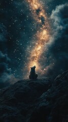 Fototapeta premium Lone wolf howling at night under a vibrant Milky Way galaxy.