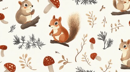 Obraz premium 98.A repeat design showcasing animated squirrels in various poses, surrounded by woodland elements like twigs, pinecones, and mushrooms, creating a soft and natural texture for baby fabrics.