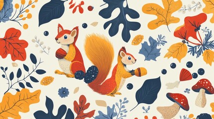 Obraz premium 67.A seamless pattern of playful cartoon squirrels holding acorns, surrounded by colorful leaves, mushrooms, and berries, all in a vibrant, child-friendly palette.