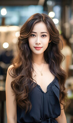 Young beautiful woman with shiny hair standing at salon