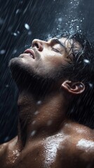 Man enjoying a refreshing rain shower while expressing deep emotion in a dark setting