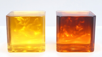 Two Square Glass Blocks Filled with Liquid Showing Abstract Swirls of Amber and Golden Yellow Light