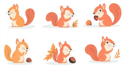 Fototapeta premium 53.A set of six flat-style squirrel cartoon illustrations, each showcasing a unique theme like climbing, eating, and playing, paired with nature-inspired details like leaves and nuts.