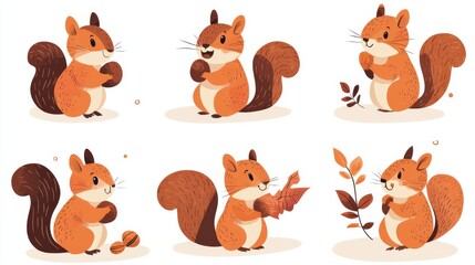 Naklejka premium 53.A set of six flat-style squirrel cartoon illustrations, each showcasing a unique theme like climbing, eating, and playing, paired with nature-inspired details like leaves and nuts.