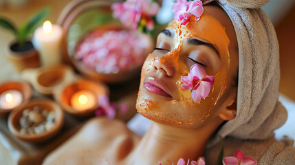 Young indian woman applying golden facial on face