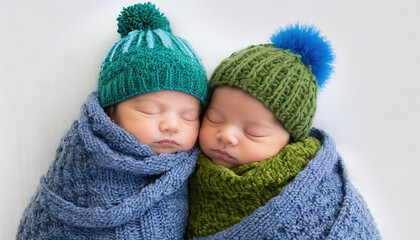 Two babies are wrapped in blankets and wearing hats