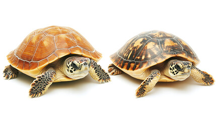 Obraz premium Two Turtles Side by Side Showing Differences in Shell Coloration and Patterns on White Background