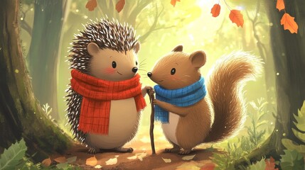 93.A whimsical illustration of a hedgehog and squirrel, both wearing scarves in red and blue respectively, sharing a warm embrace under a forest canopy, with the hedgehog gripping a rustic walking