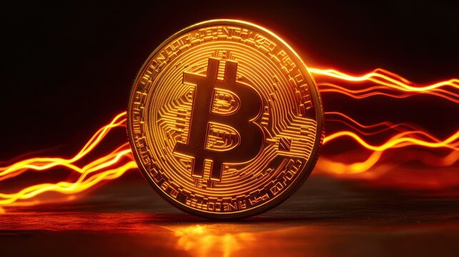 Glowing bitcoin cryptocurrency coin with energy streaks.