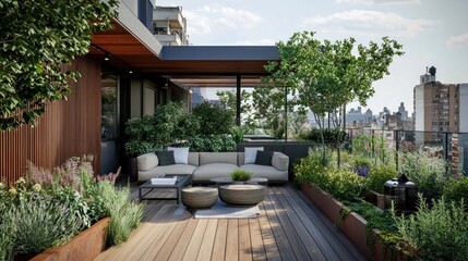 Fototapeta premium Serene Rooftop Oasis: Urban Garden Retreat