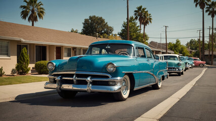 Classic cars parade through a sunlit neighborhood on a warm afternoon in vintage style