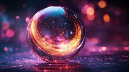 Abstract transparent glass celestial sphere with moonlit silver and goldenrod lines on a deep plum background, 3D rendering