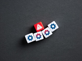 System error alert notification on red dice among settings gears cubes