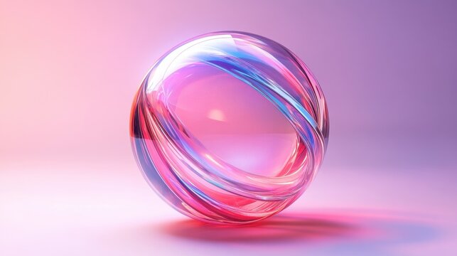 Abstract transparent glass ellipsoid with ruby red and sapphire blue lines on a soft lavender background, 3D rendering illustration of futuristic abstract shape with holographic element.