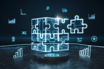 Futuristic Data Cube with Financial Icons 