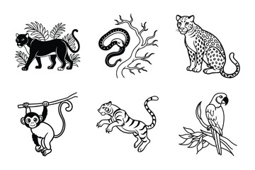 Jungle Animals Line Art Bundle (Panther, Snake, Leopard, Monkey, Tiger, and Parrot Designs