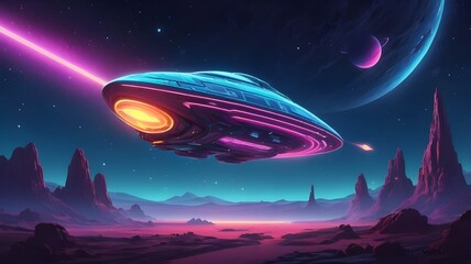 Obraz premium A glowing neon spaceship hovering above a mysterious, animated alien planet with a starry sky backdrop