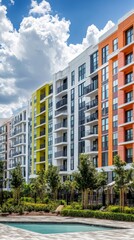 Vibrant Multi-Colored Apartment Complex with a Pool and Lush Landscaping