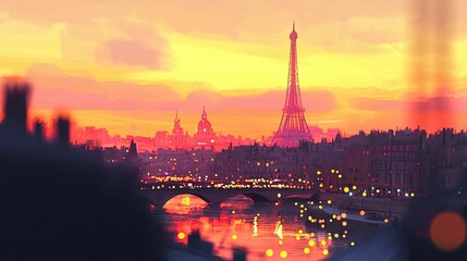 Obraz premium Sunset Cityscape, River, Bridge, Tower