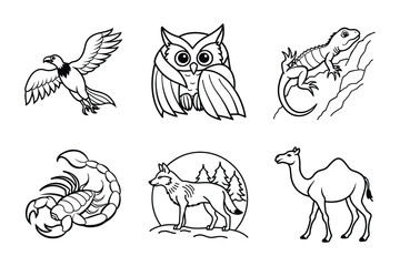 African Wildlife Line Art Bundle ( Hawk, Owl, Lizard, Scorpion, Wolf, and Camel )
