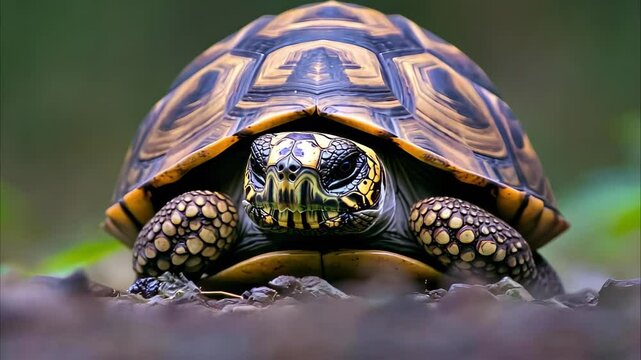 A close-up of a tortoise with a patterned shell, resting on the ground in a natural setting.