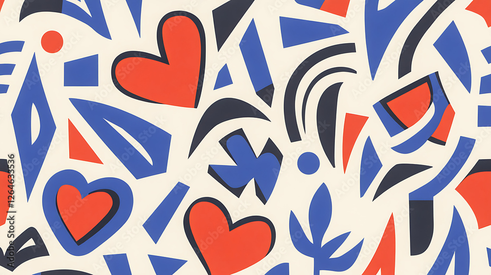 Poster vibrant abstract shapes pattern featuring hearts geometric forms and dynamic color palette in seamle