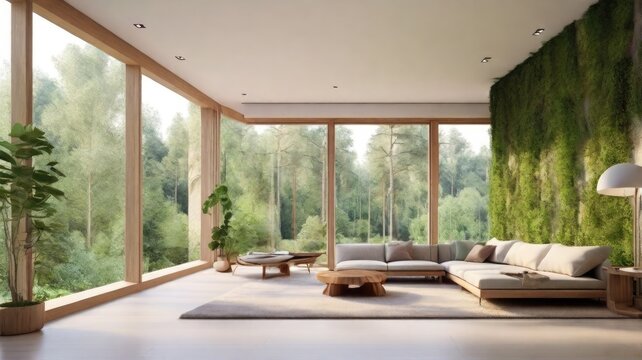 The interior is modern, with wide windows that overlook a lush forest. Ideal for interior design, real estate advertising, and essays on eco-friendly living