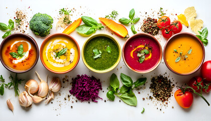 Autumn soups. Set of various seasonal vegetable soups and organic ingredients on white background. Homemade colourful seasonal vegan soups