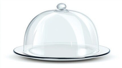 Fototapeta premium A sleek and shiny restaurant cloche sits on a pristine white plate, embodying sophistication and anticipation for a gourmet meal. Its transparent dome highlights the art of fine dining
