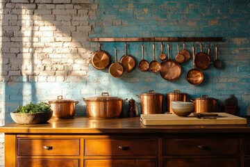 Sunlit kitchen with copper cookware hanging on a rack against a rustic brick wall.