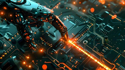 Precision macro shot of a pick and place robotic arm placing components onto a circuit board with high speed in an electronics factory.

