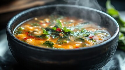 Delicious steaming bowl of spicy soup.