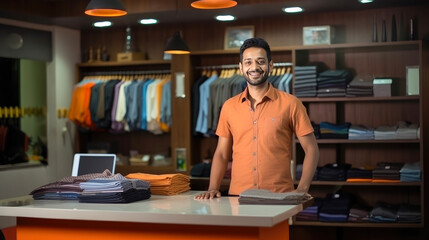 Young indian small business owner standing at his own shop