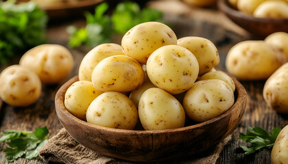 Fresh unpeeled baby potatoes, raw new potatoes ready to cook on wooden background close up. Organic farm potato for heathy eating