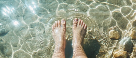 Woman's Feet Immersed in Clear Shallow Water with Sparkling Sunlight Reflections on Riverbank