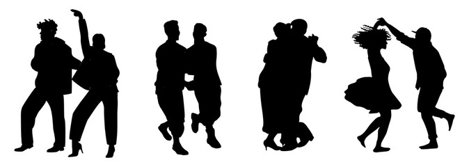 Set of different dancing people black silhouettes. Couple in dancing poses hand drawn vector illustrations isolated on white background