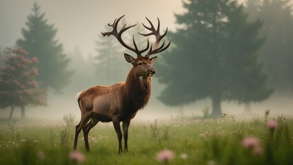 Majestic stag standing in a misty meadow surrounded by tall trees during early morning hours in a serene landscape