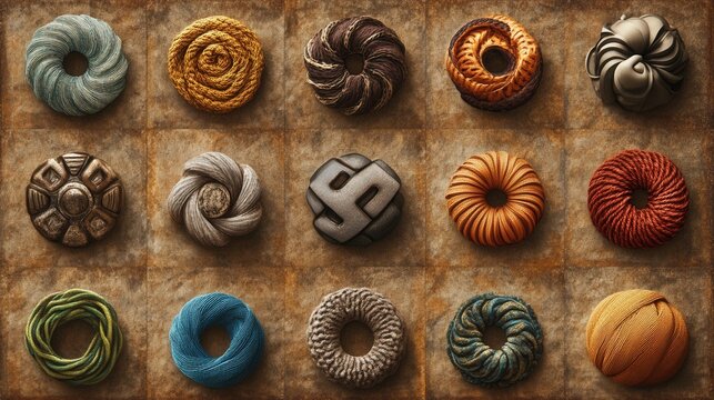 Textured business icon collection made from interwoven yarn threads, showcasing creativity and craftsmanship in a unique design approach