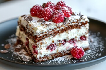 A delicious layered cake topped with raspberries and chocolate shavings on a black plate.