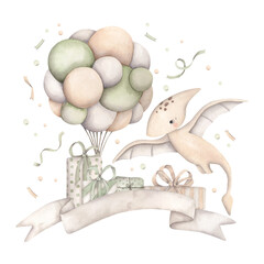 Dinosaurs Birthday Party. Watercolor hand-drawn illustration with baby pterodactyl, with balloons, gifts and confetti. © Nellya Egorova