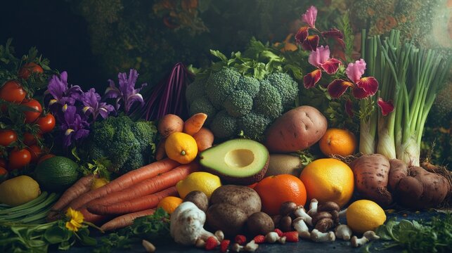 Vibrant fresh produce still life, dark background, healthy eating