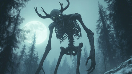 Terrifying wendigo creature in a dark forest under the full moon – perfect for horror book covers, spooky posters, and Halloween