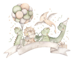 Dinosaurs Birthday Party. Watercolor hand-drawn illustration with little dinosaurs, balloons, gifts and confetti. © Nellya Egorova