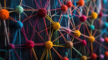 Textured hierarchy diagram with vibrant yarn connections, showcasing relationships in a visually engaging format, ideal for presentations or educational materials.