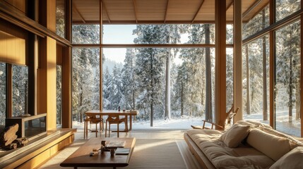 Fototapeta premium Cozy modern cabin interior overlooks a snow covered forest view