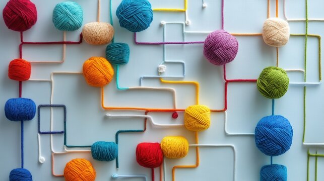 Colorful Yarn Flowchart, a vibrant conceptual representation with intricate woven threads illustrating complex ideas and connections